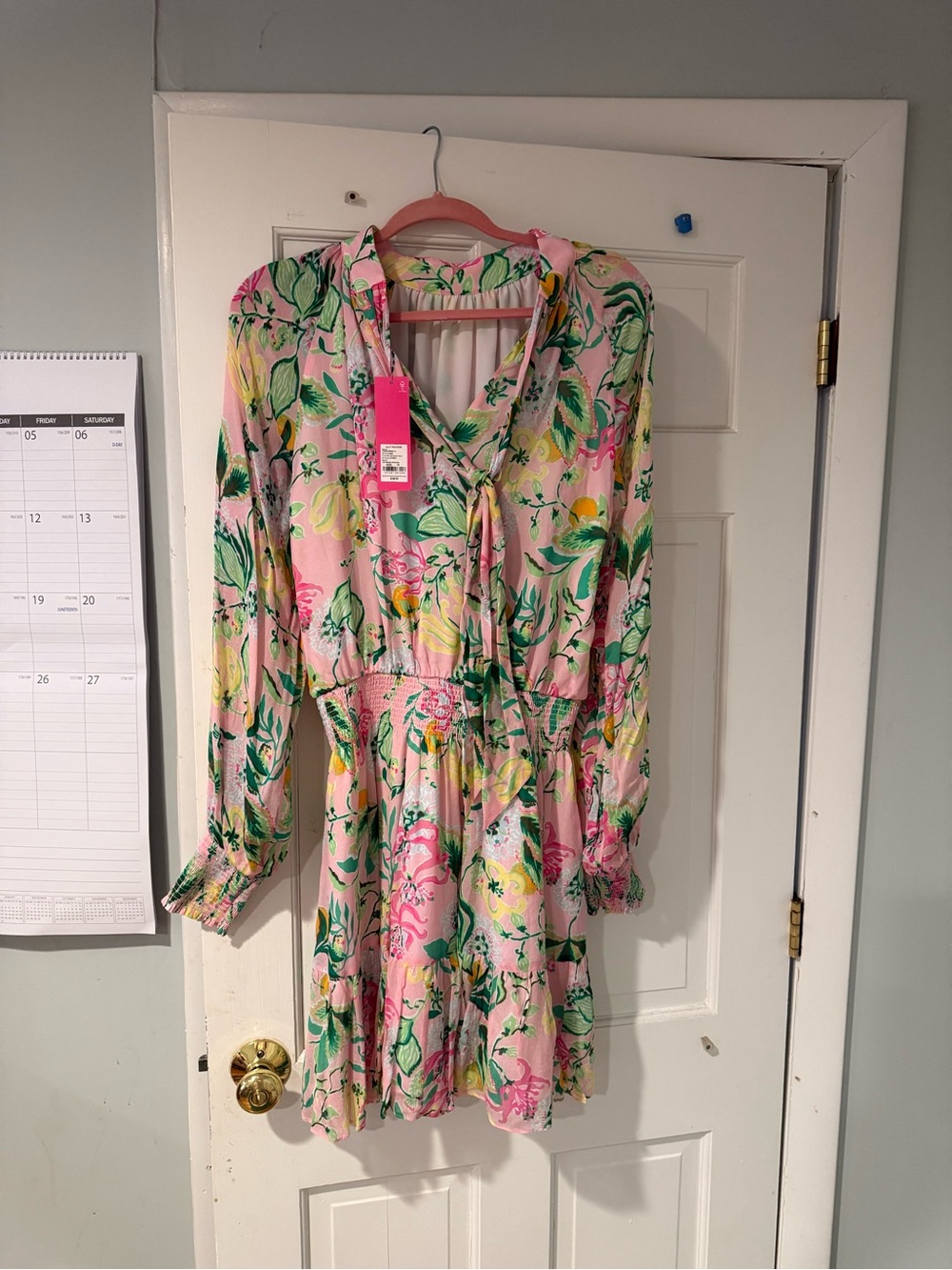 Lilly Pulitzer Pink Floral Tie-Neck Long Sleeve Dress